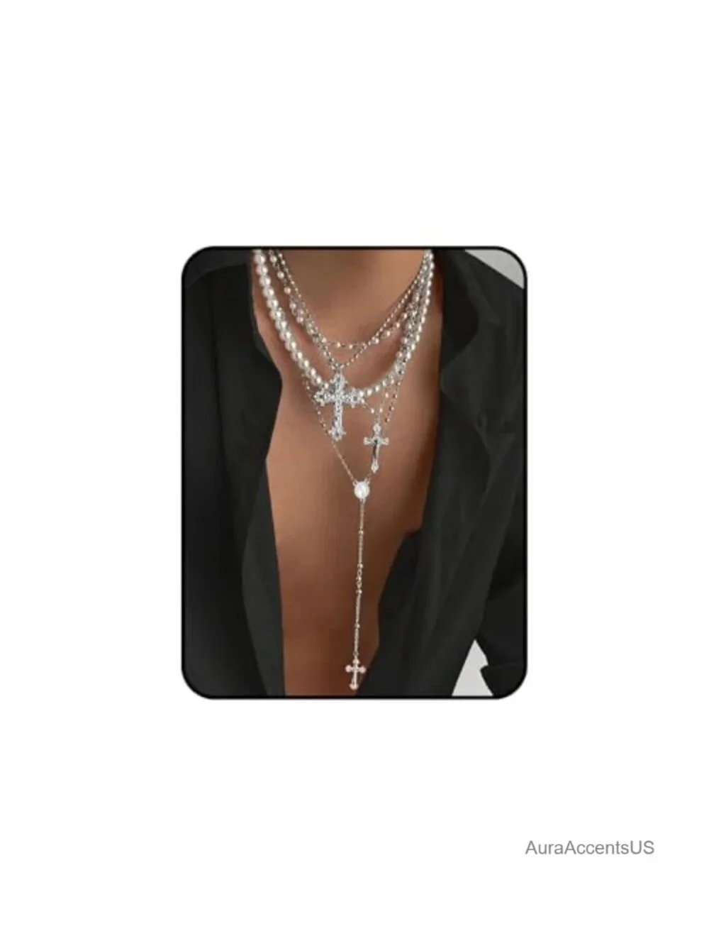 Layered Cross Necklace Set for Unisex Gothic Punk Jewelry with Rhinestone